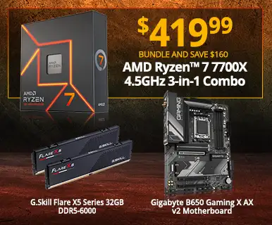 AMD Ryzen 7 7700X 4.5GHz 3-in-1 Combo - $419.99 Bundle and Save $160; includes Gigabyte B650 Gaming X AX v2 Motherboard, G.Skill Ripjaws X5 Series 32GB DDR5-6000
