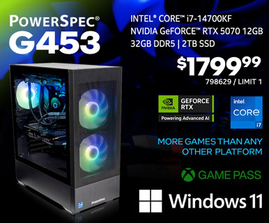 PowerSpec G453 Gaming Desktop - $1799.99 - Intel Core i7-14700KF, NVIDIA GeForce RTX 5070 12GB, 16GB DDR5, 2TB SSD, Windows 11; More Games than any other platform, GAME PASS; SKU 798629, Limit 1, Buy in store
