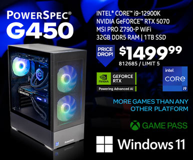 PowerSpec G450 Gaming Desktop - PRICE DROP $1499.99 - Intel Core i9-12900K, NVIDIA GeForce RTX 5070, MSI Pro Z790-P WiFi, 32GB DDR5, 1TB SSD, Windows 11; More Games than any other platform, GAME PASS; SKU 812685, Limit 1