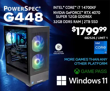 PowerSpec G448 Gaming Desktop - $1799.99; Intel Core i7-14700KF, NVIDIA GeForce RTX 4070 SUPER 12GB GDDR6X, 32GB DDR5 RAM, 2TB SSD, Windows 11, Platinum Collection; More Games than any other platform, GAME PASS; SKU 682526, Limit 1