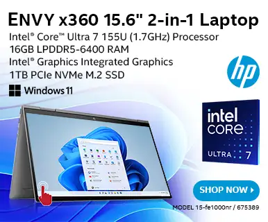 HP ENVY x360 15.6-inch 2-in-1 Laptop; Intel Core Ultra 7 155U (1.7GHz) Processor, 16GB LPDDR5-6400 RAM, Intel Graphics Integrated Graphics, 1TB PCIe NVMe M.2 SSD, Windows 11; MODEL 15-fe1000nr, SKU 675389, SHOP NOW