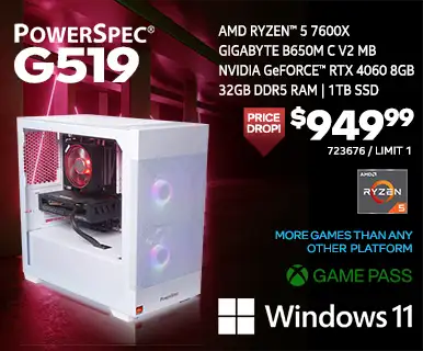 PowerSpec G519 Gaming Desktop $949.99 PRICE DROP; AMD Ryzen 5 7600X, Gigabyte B650M C V2 Motherboard, NVIDIA GeForce RTX 4060 8GB, 32GB DDR5 RAM, 1TB SSD, Windows 11, More games than any other platform, Game Pass; SKU 723676, Limit 1