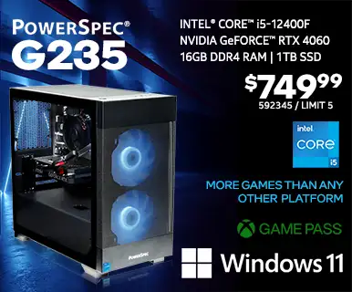 PowerSpec G235 Gaming Desktop - $749.99 - Intel Core i5-12400F, NVIDIA GeForce RTX 4060, 16GB DDR4 RAM, 1TB SSD, Windows 11; More Games than any other platform, GAME PASS; SKU 592345, Limit 5