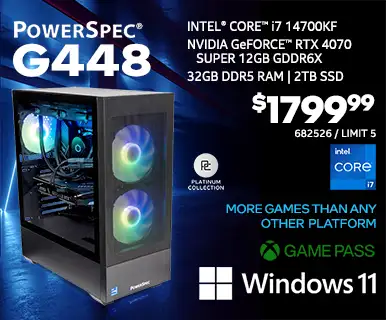 PowerSpec G448 Gaming Desktop - $1799.99 - Intel Core i7-14700KF, NVIDIA GeForce RTX 4070 SUPER 12GB GDDR6X, 32GB DDR5 RAM, 2TB SSD, Windows 11, Platinum Collection; More Games than any other platform, GAME PASS; SKU 682526, Limit 5