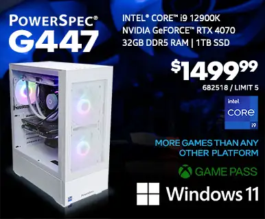 PowerSpec G447 Gaming Desktop - $1499.99 - Intel Core i9-12900K, NVIDIA GeForce RTX 4070, 32GB DDR5 RAM, 1TB SSD, Windows 11; More Games than any other platform, GAME PASS; SKU 682518, Limit 5