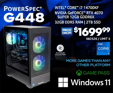 PowerSpec G448 Gaming Desktop - $1699.99 - PRICE DROP - Intel Core i7-14700KF, NVIDIA GeForce RTX 4070 SUPER 12GB GDDR6X, 32GB DDR5 RAM, 2TB SSD, Windows 11, Platinum Collection; More Games than any other platform, GAME PASS; SKU 682526, Limit 5