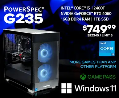 PowerSpec G235 Gaming Desktop - $749.99 - Intel Core i5-12400F, NVIDIA GeForce RTX 4060, 16GB DDR4 RAM, 1TB SSD, Windows 11; More Games than any other platform, GAME PASS; SKU 592345, Limit 5