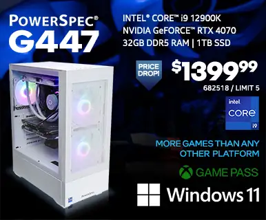 PowerSpec G447 Gaming Desktop - PRICE DROP $1399.99 - Intel Core i9-12900K, NVIDIA GeForce RTX 4070, 32GB DDR5 RAM, 1TB SSD, Windows 11; More Games than any other platform, GAME PASS; SKU 682518, Limit 5