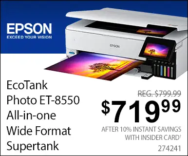 EPSON EcoTank Photo ET-8550 All-in-one wide format supertank printer - REG $799.99, $719.99 Price after 10% Instant Savings with Insider Card; SKU 274241