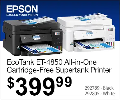 Epson EcoTank ET-4850 All-in-One Supertank Printer - $399.99; SKU 292789 - Black. 292805 - White