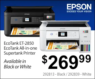 Epson EcoTank ET-2850 Ecotank All-in-one printer - $269.99; SKU 292813 - black, 292839 - white