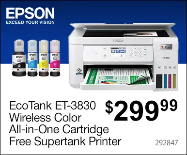 Epson EcoTank ET-3830 Wireless Color All-in-One Cartridge Free Supertank Printer - $299.99; SKU 292847
