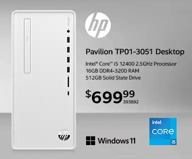 HP Pavilion TP01-3051 Desktop Computer - Intel Core i5 12th Gen 12400 2.5GHz Processor; 16GB DDR4-3200 RAM; 512GB Solid State Drive; Intel UHD Graphics 730 - $699.99; SKU 393892