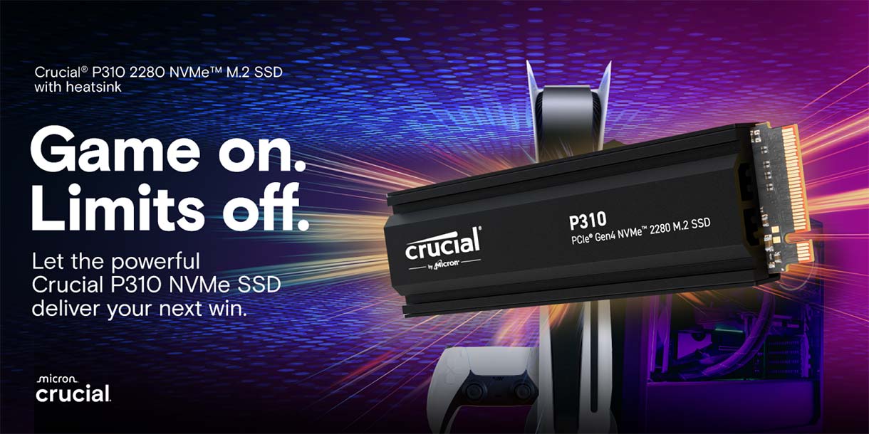 Crucial P310 2280 NVMe M2 SSD with heatsink - Game on. Limits off. Let the powerful Crucial P310 NVMe SSD deliver your next win.