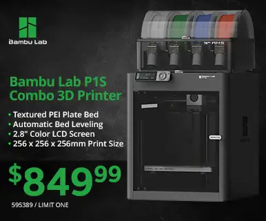 Bambu Lab P1S
Combo 3D Printer - Textured PEI Plate Bed, Automatic Bed Leveling, 2.8 inch Color LCD Screen 256 x 256 x 256mm Print Size; $849.99; 595389, LIMIT ONE