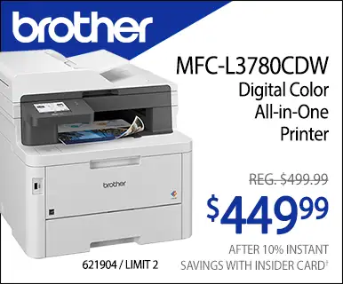Brother MFC-L3780CDW
Digital Color
All-in-One
Printer. reg. $499.99; $449.99 Price after 10% Instant Savings with Insider Card; SKU 621904. Limit 2