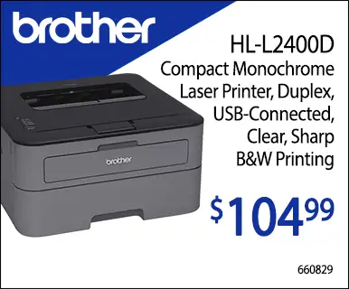 Brother HL-L2400D Compact Monochrome Laser Printer, Duples, USB-Connected, Clear, Sharp B&W Printing - $104.99; 660829