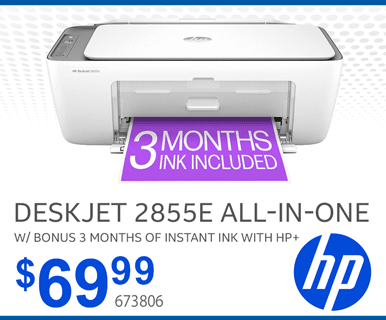 HP Deskjet 2855e All-in-one with bonus 3 months of Instant Ink with HP+ - $69.99; SKU 673806