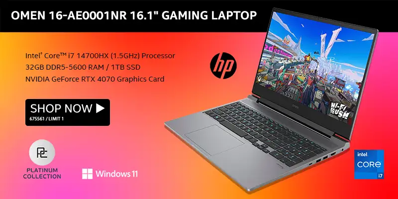 HP OMEN 16-ae0001nr 16.1 inch Gaming Laptop - Intel Core i7 14700HX 1.5GHz Processor, 32GB DDR5-5600 RAM, 1TB SSD NVIDIA GeForce RTX 4070 Graphics Card - SHOP NOW - SKU 675561 / LIMIT 1