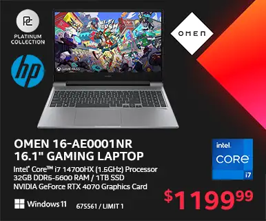 OMEN 16-ae0001nr
16.1 inch Gaming Laptop - Intel Core i7 14700HX 1.5GHz Processor, 32GB DDR5-5600 RAM, 1TB SSD, NVIDIA GeForce RTX 4070 Graphics Card; $1199.99, SKU 675561, LIMIT ONE