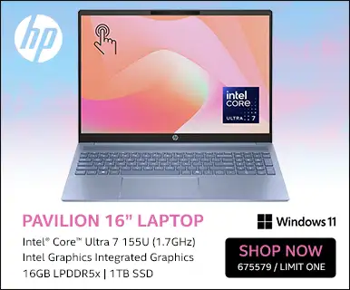 HP Pavilion 16 inch Laptop -Intel Core Ultra 7 155U (1.7GHz), Intel Graphics Integrated Graphics, 16GB LPDDR5x, 1TB SSD - SKU 675579; LIMIT ONE, SHOP NOW