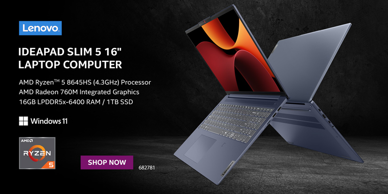 Lenovo IdeaPad Slim 5 16 inch Laptop Computer - AMD Ryzen 5 8645HS (4.3GHz) Processor, AMD Radeon 760M Integrated Graphics, 16GB LPDDR5x-6400 RAM, 1TB SSD; SHOP NOW; SKU 682781