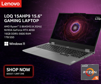 Lenovo LOQ 15AHP9 15.6 inch
Gaming Laptop - AMD Ryzen 5 8645HS (4.3GHz), NVIDIA GeForce RTX 4050, 16GB DDR5-5600 RAM, 1TB SSD; $249.99; SKU 683037, LIMIT 1