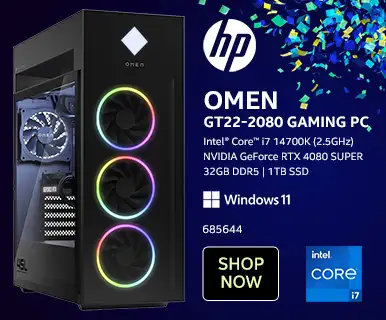 HP OMEN GT22-2080 Gaming PC - Intel Core i7 14th Gen 14700K 2.5GHz Processor; NVIDIA GeForce RTX 4080 SUPER 16GB GDDR6X; 32GB DDR5 RAM; 1TB Solid State Drive; Shop Now; 685644