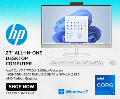 27 inch All-in-One Desktop Computer - Intel Core 7 7730U (2.0GHz) Processor, 16GB DDR4-3200 RAM, 512GB PCIe NVMe M.2 SSD, AMD Radeon Graphics - SKU 714220; LIMIT ONE, SHOP NOW