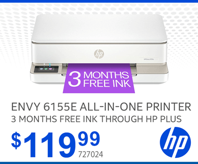 HP Envy 6155E All-In-One Printer with bonus 3 months of Instant Ink with HP+ - $119.99; SKU 727024
