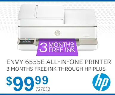 HP Envy 6555E All-in-one Printer with 3 months free ink through HP Plus - $99.99; SKU 727032