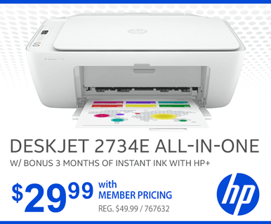 HP DeskJet 2734e All-in-One with 3 months free ink through HP Plus - $29.99 with Member Pricing; Reg. $49.99; SKU 767632