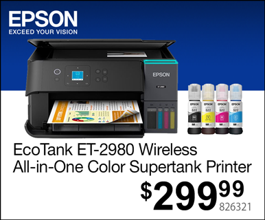 Epson EcoTank ET-2980 Wireless All-in-One Color Supertank Printer- $299.99; SKU 826321