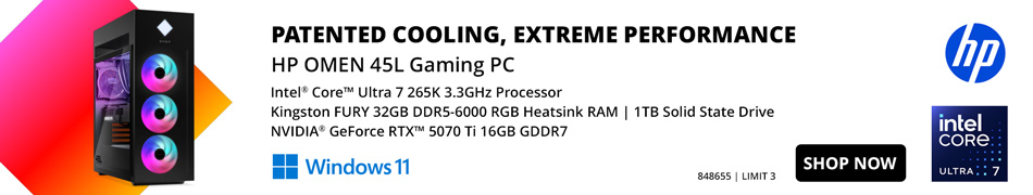 PATENTED COOLING, EXTREME PERFORMANCE. HP OMEN 45L Gaming PC - Intel Core Ultra 7 265K 3.3GHz Processor, Kingston FURY 32GB DDR5-6000 RGB Heatsink RAM, 1TB Solid State Drive, NVIDIA GeForce RTX 5070 Ti 16GB GDDR7; SHOP NOW. SKU 848655; LIMIT 3