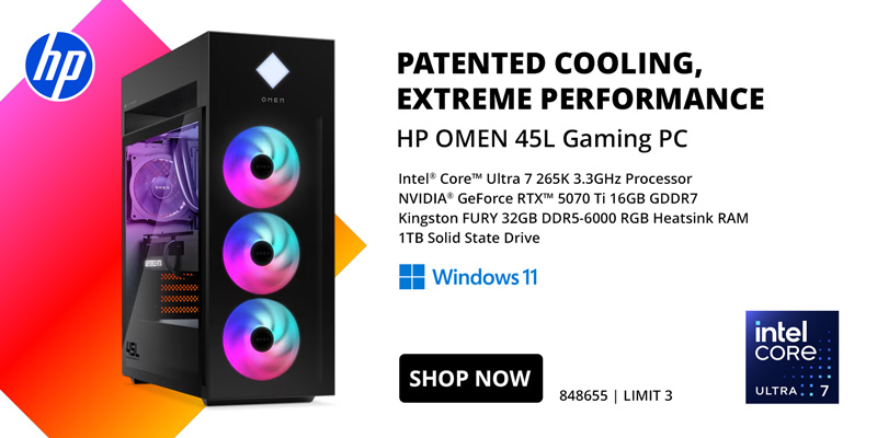 PATENTED COOLING,
EXTREME PERFORMANCE. HP OMEN 45L Gaming PC - Intel Core Ultra 7 265K 3.3GHz Processor, NVIDIA GeForce RTX 5070 Ti 16GB GDDR7, Kingston FURY 32GB DDR5-6000 RGB Heatsink RAM, 1TB Solid State Drive - SHOP NOW; SKU 848655, Limit 3
