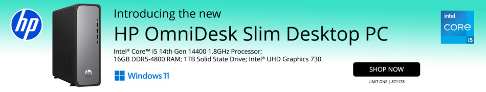 HP OmniDesk Slim S03-0031 Desktop Computer - Intel Core i5 14th Gen 14400 1.8GHz Processor; 16GB DDR5-4800 RAM; 1TB Solid State Drive; Intel UHD Graphics 730; SKU 871178. SHOP NOW