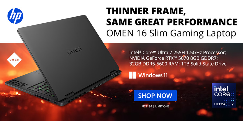 HP OMEN 16 Slim Gaming Laptop - Intel Core Ultra 7 255H 1.5GHz Processor; NVIDIA GeForce RTX 5070 8GB GDDR7; 32GB DDR5-5600 RAM; 1TB Solid State Drive - SHOP NOW; LIMIT 1, 871194