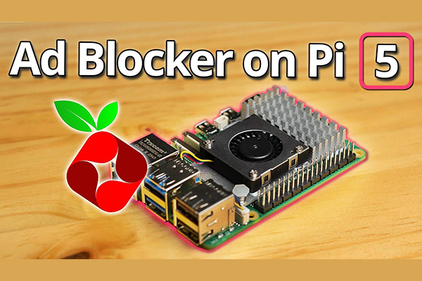 Picture of a Raspberry Pi computer on a wooden table with overlay text that says Ad Blocker on Pi 5