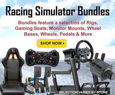 Racing Simulator Bundles; Bundles feature a selection of Rigs, Gaming Seats, Monitor Mounts, Wheel Bases, Wheels, Pedals and More; SHOP NOW; selection varies by store