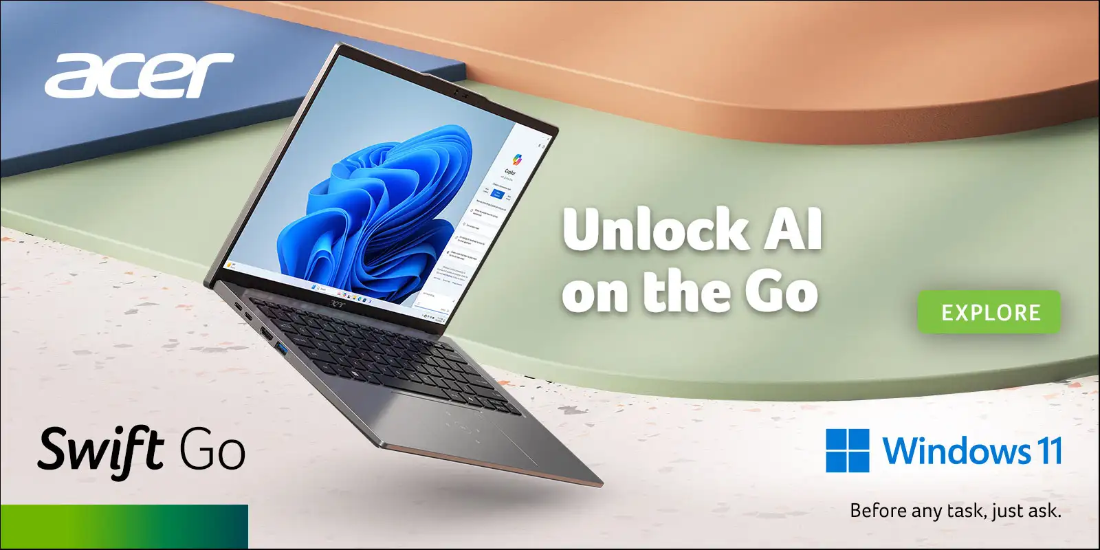 Acer Swift Go. Unlock AI on the go - Explore