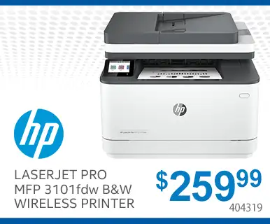 HP Laserjet Pro MFP 3101fdw Black and White Wireless Printer - $259.99; SKU 404319