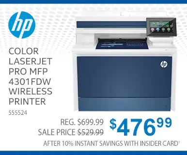 HP Color LaserJet Pro MFP 4301fdw Wireless Printer - REG. $699.99, Sale Price $529.99. $476.99 Price after Instant Savings with Insider Card. SKU 555524