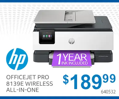 HP OfficeJet Pro
8139e Wireless All-in-One - $189.99; 640532