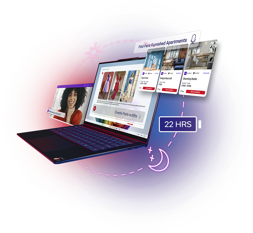 laptop with screens promoting 22hr battery life